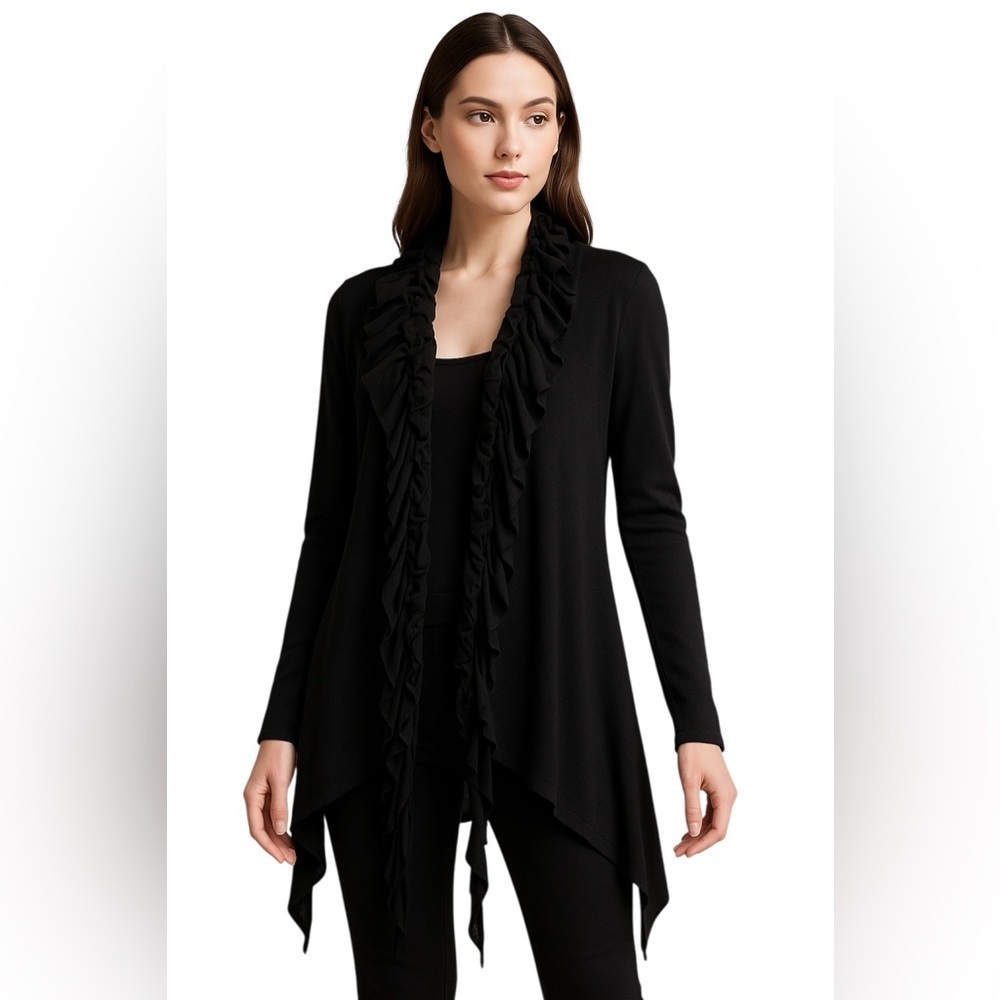 Bibelot Black Ruffle Front Open Cardigan Goth Chic Waterfall Sweater Medium